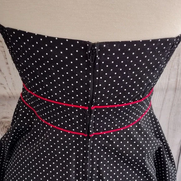 Hell Bunny | Black Polka Dot Red Trim Sweetheart Halter Fit & Flare Dress - Picture 7 of 14